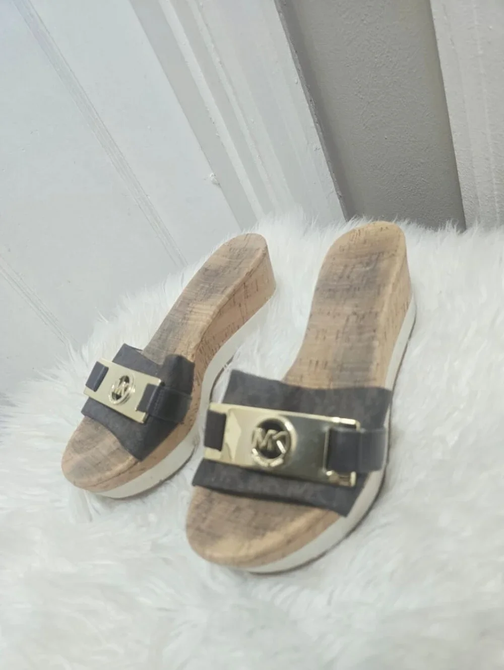 Michael Kors Womens MK Warren Platform Cork Slide Sandals Brown Gold Size 8M